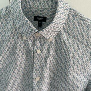 Express Blue and White Casual Button Down Shirt with Geometric Pattern